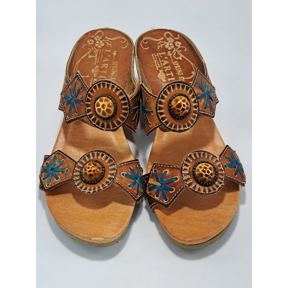L'Artiste Spring Step Sesame Tan Leather Wedge Sandals Blue Embroidery Womens 36